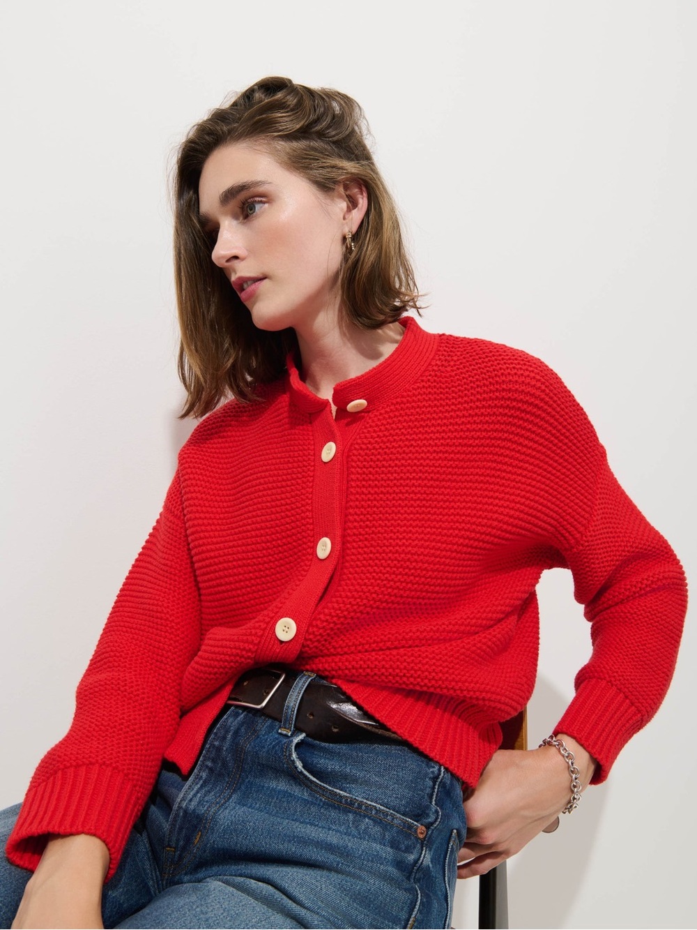 ALEX MILL 100% Cotton Nico Cardigan in Berry Red